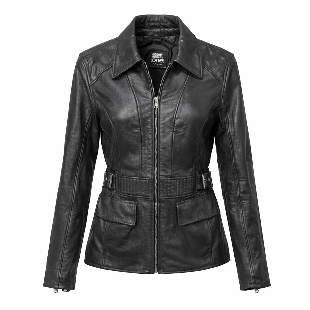 Vintage Highway One Leather Jacket Moto Black Buckled Waist Fitted Medium Biker‎